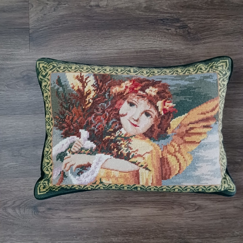 Wool Needlepoint Petit Throw Pillow Velvet Victorian Angel 16" x 12"